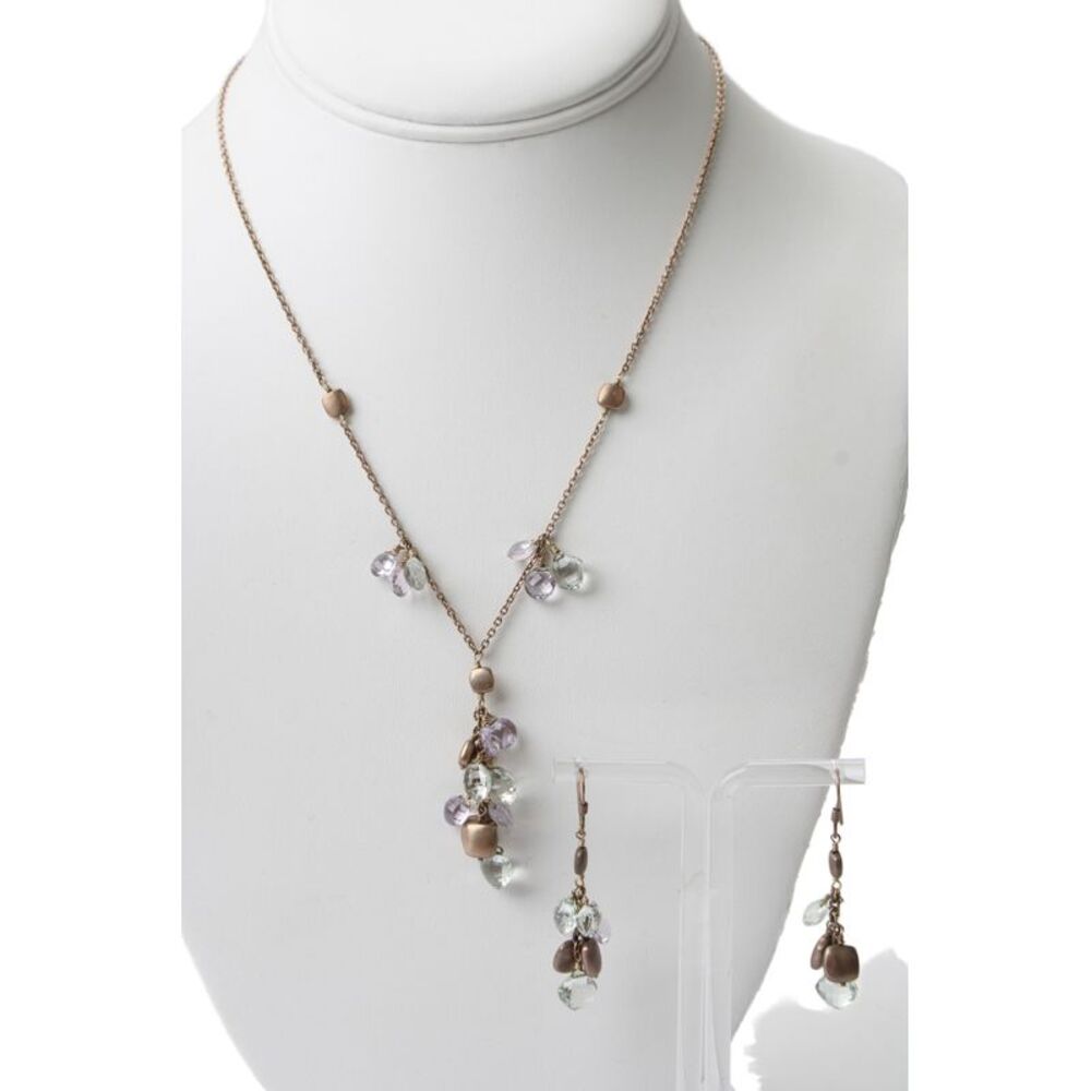 Designer Womens Gold Plated Amethyst+Prasiolite Dangle Earrings + Necklace 17"